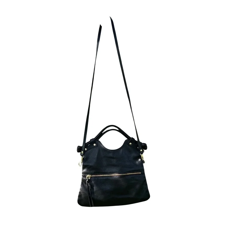 Pietro New York Black Leather Convertible Satchel Crossbody Bag Gold Hardware